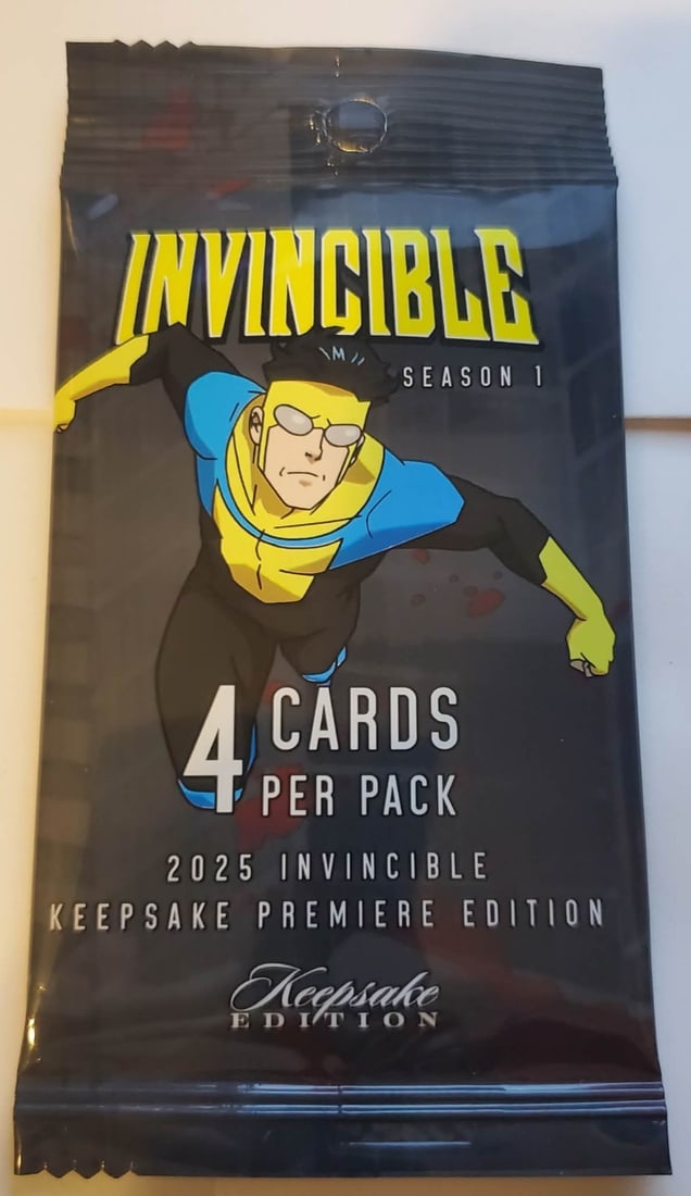 2025 Invincible Keepsake Premiere Edition 4 CARD TRADING CARD HANGER PACK: The Invincible Season 1 Keepsake Premiere Edition 2025 LACC Invincible (1) Pack is a highly sought-after collection of non-sport trading cards featuring the popular animated TV show "Invincible."