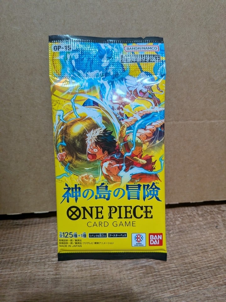 One Piece OP15: Adventure on Kami's Island Japanese Booster Pack (6 Cards): The One Piece OP15 Adventure on Kami's Island Japanese Booster Pack contains 6 cards featuring the popular character Monkey D Luffy. This pack is part of the One Piece Trading Card Game set OP15 and i