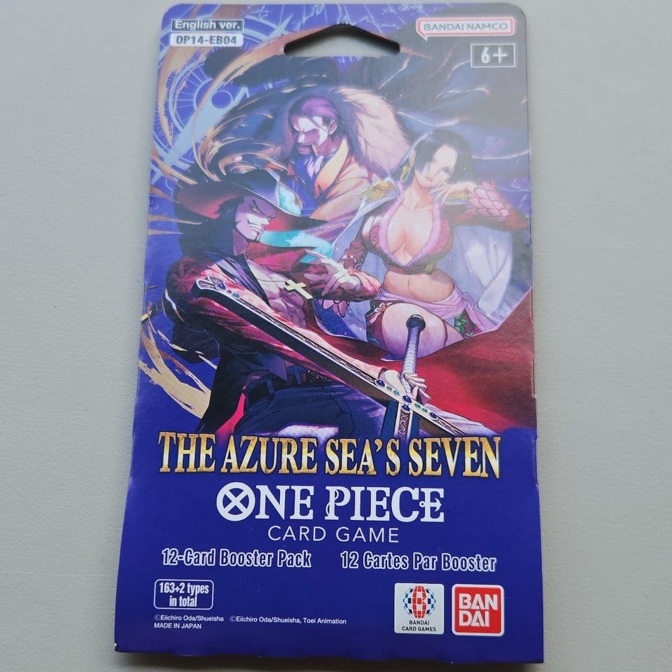 Bandai One Piece Card Game The Azure Sea's Seven Booster Pack English 12 Cards: The product is a lot of two new sealed booster packs of the One Piece CCG set OP-14 the Azure Sea's Seven Sleeved. Manufactured by Bandai in 2025, these packs contain English language cards suitable