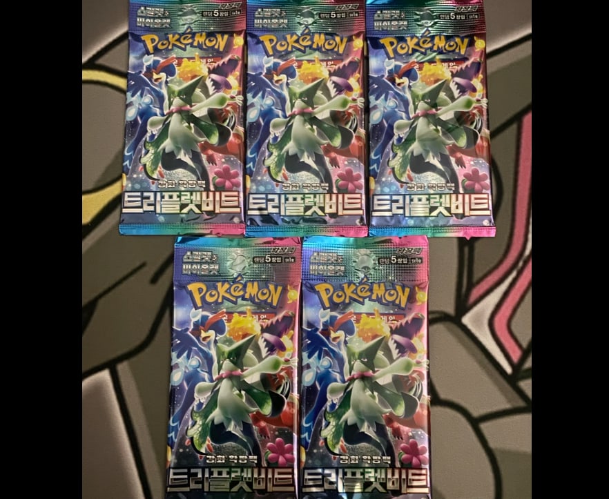 lot of 5 Pokemon Triple Beat Booster Pack Korean 5 Card packs: The Pokemon Triple Beat Booster Pack Korean 5 Packs 5 Cards 2023 Meowscarada is a collectible card game product from Pokemon Korea, Inc. containing 5 cards featuring characters such as Meowscarada,