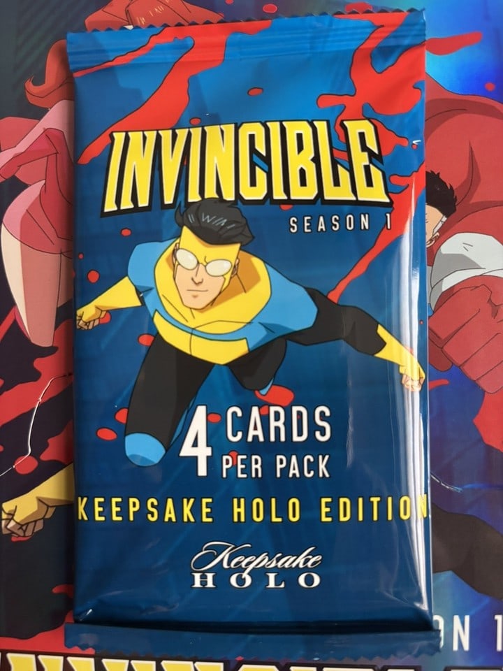 Invincible Season 1 Keepsake Holo Edition Pack 4 Cards Sealed 2025: The Keepsake Invincible Season 1 Holo Breaker Booster Pack contains 4 cards featuring characters from the popular non-sport trading card franchise. Manufactured by Skybound in the United States, this