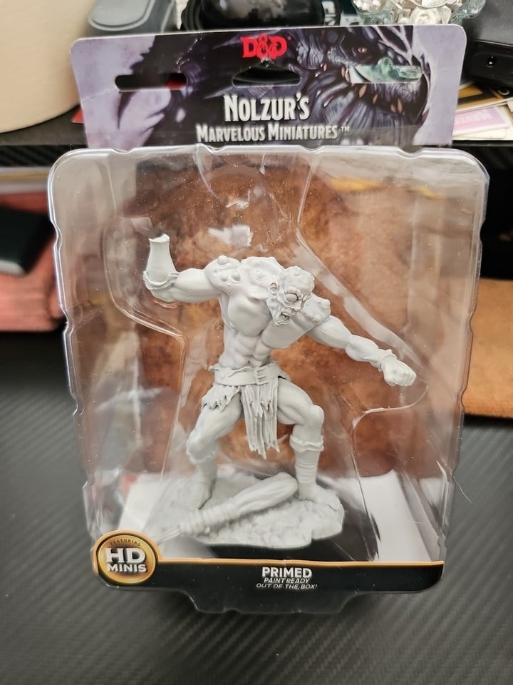 Dungeons And Dragons Nolzur's Fomorian Set NEW Miniatures: Brand New and Sealed In Box- Officially Licensed- 1 Miniature Unpainted/Primed with Vallejo PrimerRight Arm is broke off at the wrist, still new in factory packaging. broke off during shipping