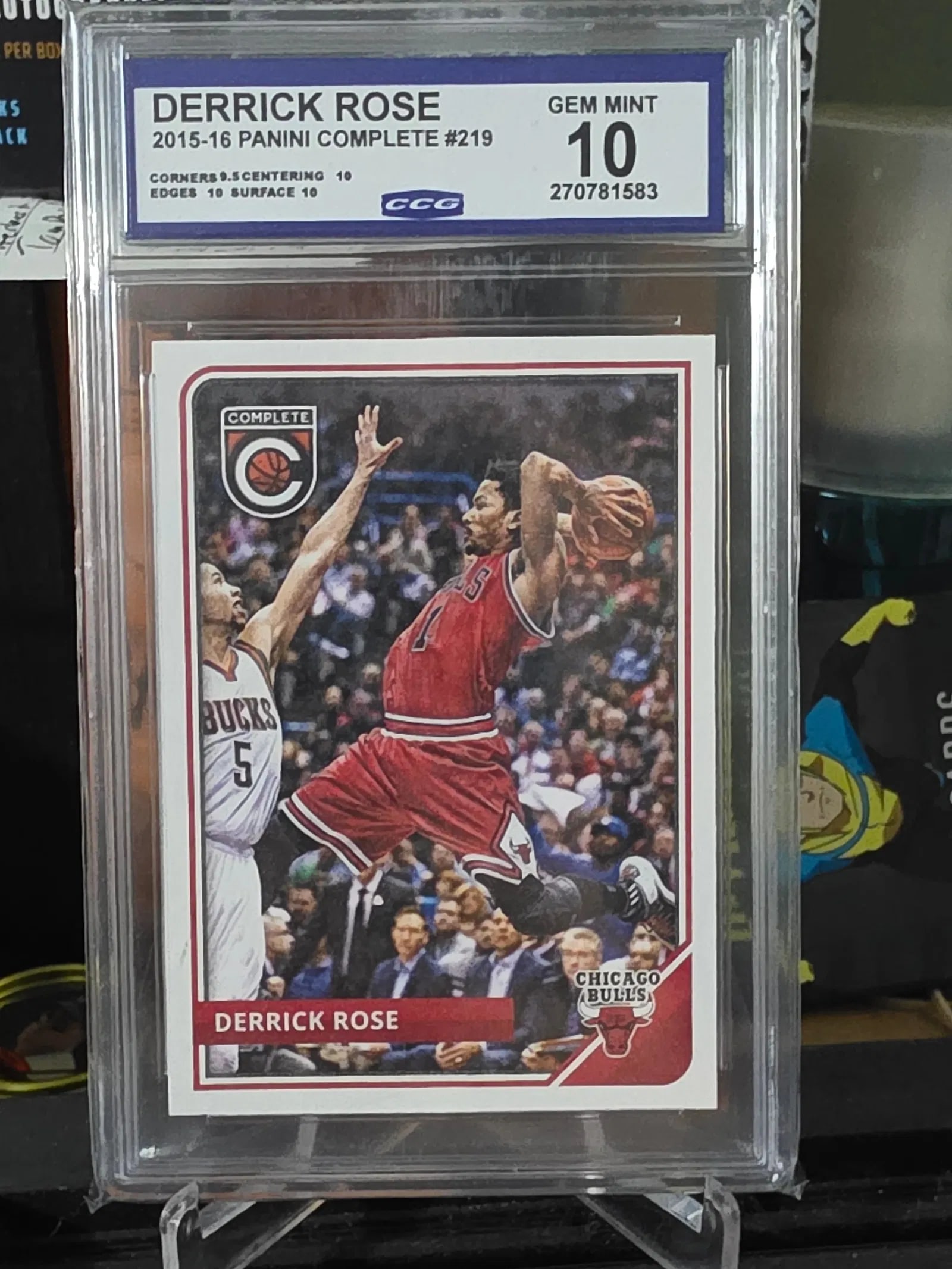 2015-16 Panini Complete - Derrick Rose #219 CCG GEM MINT 10: The 2015-16 Panini Complete trading card featuring Derrick Rose (#219) is a valuable collectible for basketball fans. This card showcases the talented player from the Chicago Bulls in the NBA, with a 