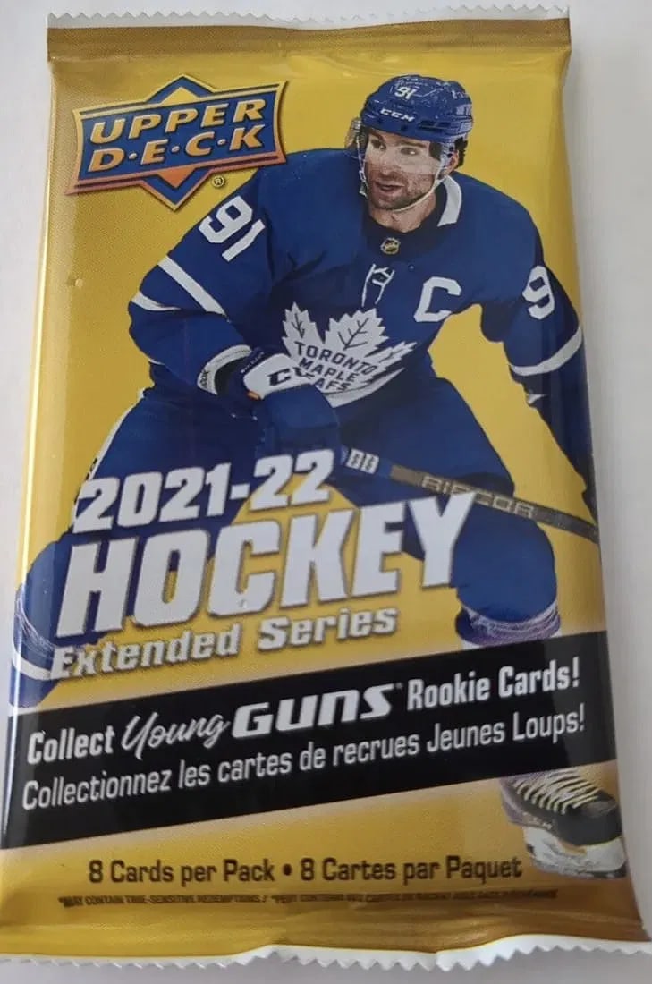 2021-22 Upper Deck Hockey Extended Series-8 Card Pack: The product is an 8-card Blaster Box Pack of 2021/22 Upper Deck Extended Series hockey trading cards. The cards feature players like Connor McDavid, Alexander Ovechkin, and Carter Verhaeghe from