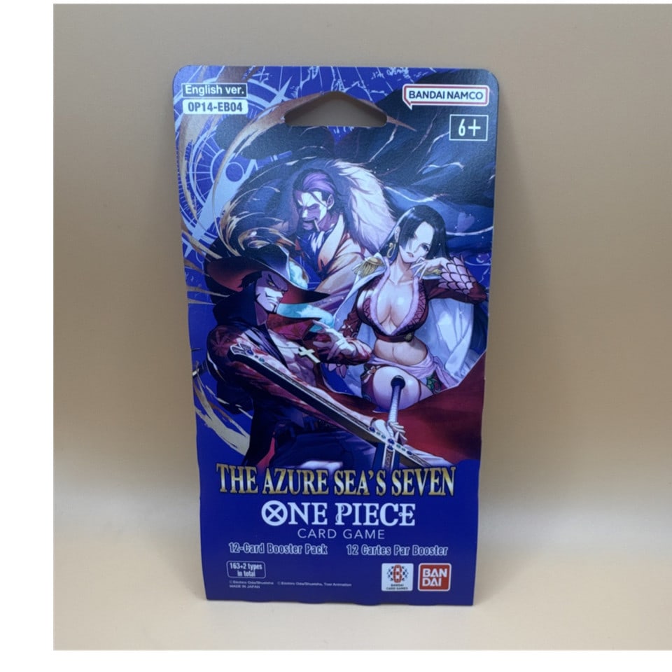 One Piece TCG The Azure Sea's Seven Sleeved Booster Pack OP-14 EB04 ENGLISH OP14: The Bandai One Piece Card Game The Azure Sea's Seven Booster Pack contains 12 cards featuring characters such as Dracule Mihawk and Boa Hancock. This pack is in English and is suitable for ages 6 and 