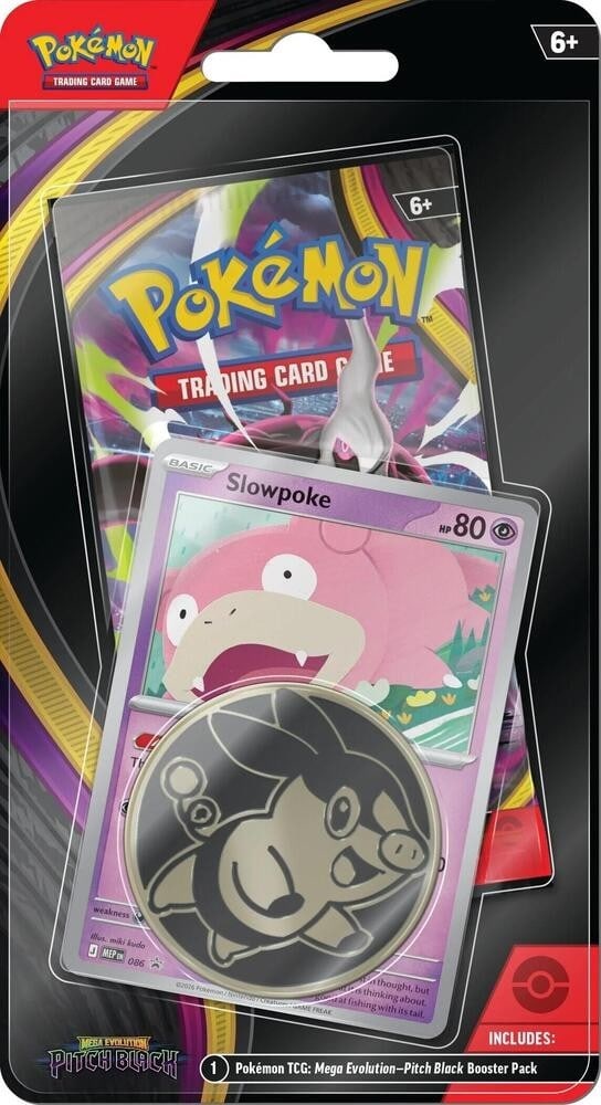Pokemon TCG Pitch Black Single Pack Blister (Slowpoke Promo): Pokémon TPokemon TCG Pitch Black Single Pack Blister featuring a Slowpoke promo card from the Mega Evolution set. Manufactured by The Pokemon Company in 2026, these packs contain standard-sized