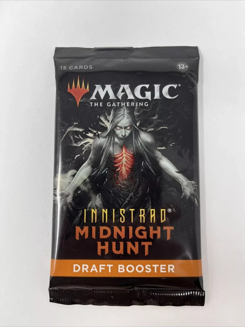 Magic The Gathering Innistrad midnight Hunt Draft Booster Pack: The product is a factory sealed 1x Innistrad Midnight Hunt Set Booster for Magic: The Gathering. Manufactured by Wizards of the Coast in 2021, this pack contains 15 cards in English, designed for play
