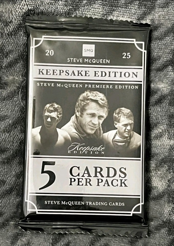2025 Keepsake Steve McQueen Premiere Edition 5 Card Pack: The 2025 Keepsake Steve McQueen Premiere Edition Box 5 Card Pack is a collectible trading card set featuring iconic movies and TV shows starring Steve McQueen. This box contains 5 standard-sized