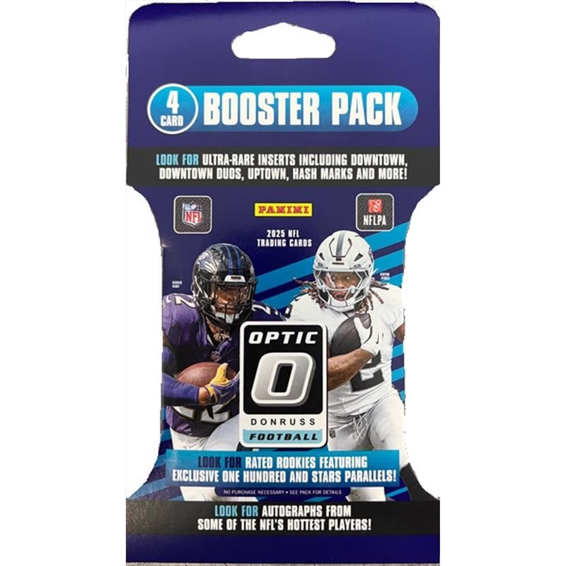 2025 Panini Donruss Optic Football Booster 4 card Hanger Pack: The product is a Panini 2025 Donruss Optic Football Booster Pack, containing 4 cards of NFL players. These cards are made of card stock and feature ultra-rare inserts, Rated Rookies, and Stars Paralle