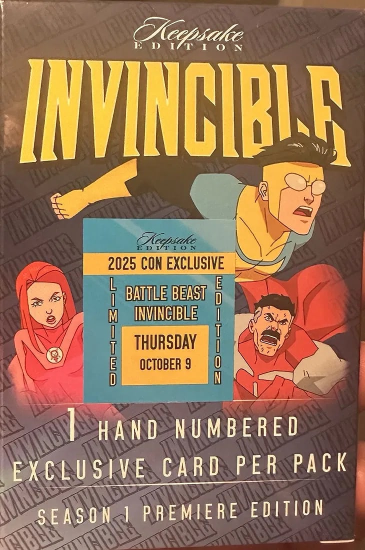 2025 Invincible Keepsake Edition Trading Card Con Exclusive Hand #d Signagraph: The 2025 Invincible Keepsake Edition Trading Card is a limited edition collectible featuring the characters Invincible and Battlebeast from the popular TV show. This exclusive hand-numbered card is