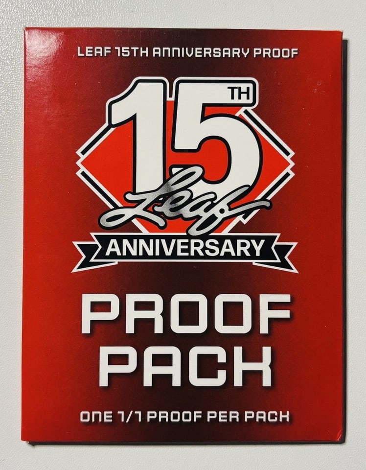 2025 Leaf 15th Anniversary Proof Pack One 1/1 Proof Per Pack: 1 OF 1 CARD IS GUARANTEED!!The product is a 15th Anniversary sealed pre-production proof pack from Leaf, containing a single sports trading card. This special edition pack is guaranteed to contain a