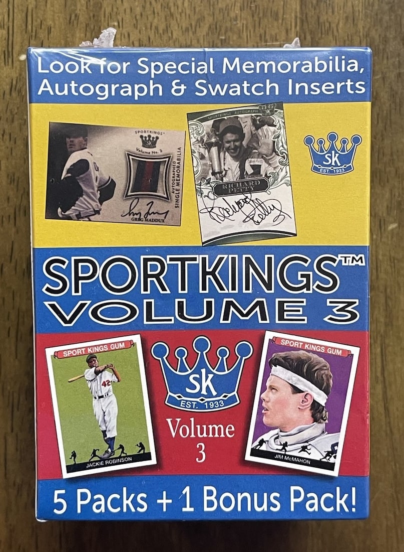 2022 SPORTKINGS Volume 3 Sport Cards 5 Packs + 1 Bonus pack: The 2022 Sportkings Volume 3 Blaster Box is a highly collectible product featuring various sports trading cards manufactured by Sport Entities Inc. This box contains 5 packs and 1 bonus pack factory