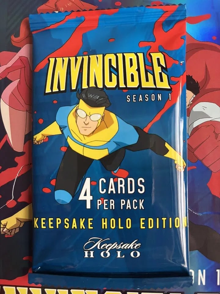 Invincible Season 1 Keepsake Holo Edition Pack 4 Cards Sealed 2025: The Keepsake Invincible Season 1 Holo Breaker Booster Pack contains 4 cards featuring characters from the popular non-sport trading card franchise. Manufactured by Skybound in the United States, this