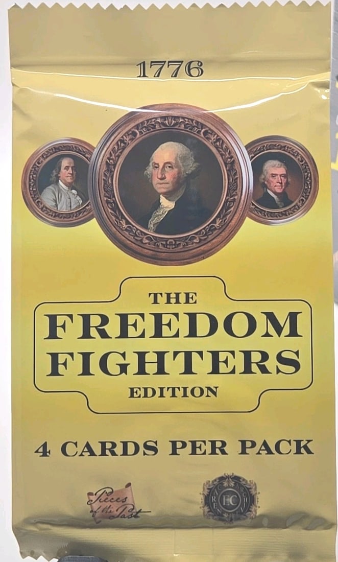2025 Pieces of the Past 1776 Freedom Fighters Sealed Pack 4 Cards: The product is a set of 2025 Pieces of the Past 1776 The Freedom Fighters Edition trading cards, packaged in a 4-card pack. Manufactured in 2025 by Keepsake, the cards are made of standard-sized card