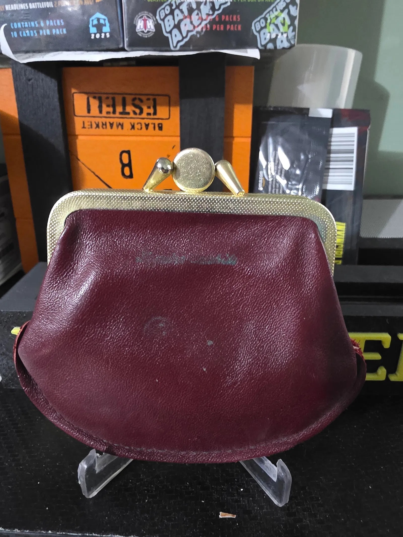 VINTAGE BROWN GENUINE COWHIDE LEATHER DOUBLE KISS LOCK COIN PURSE - 2