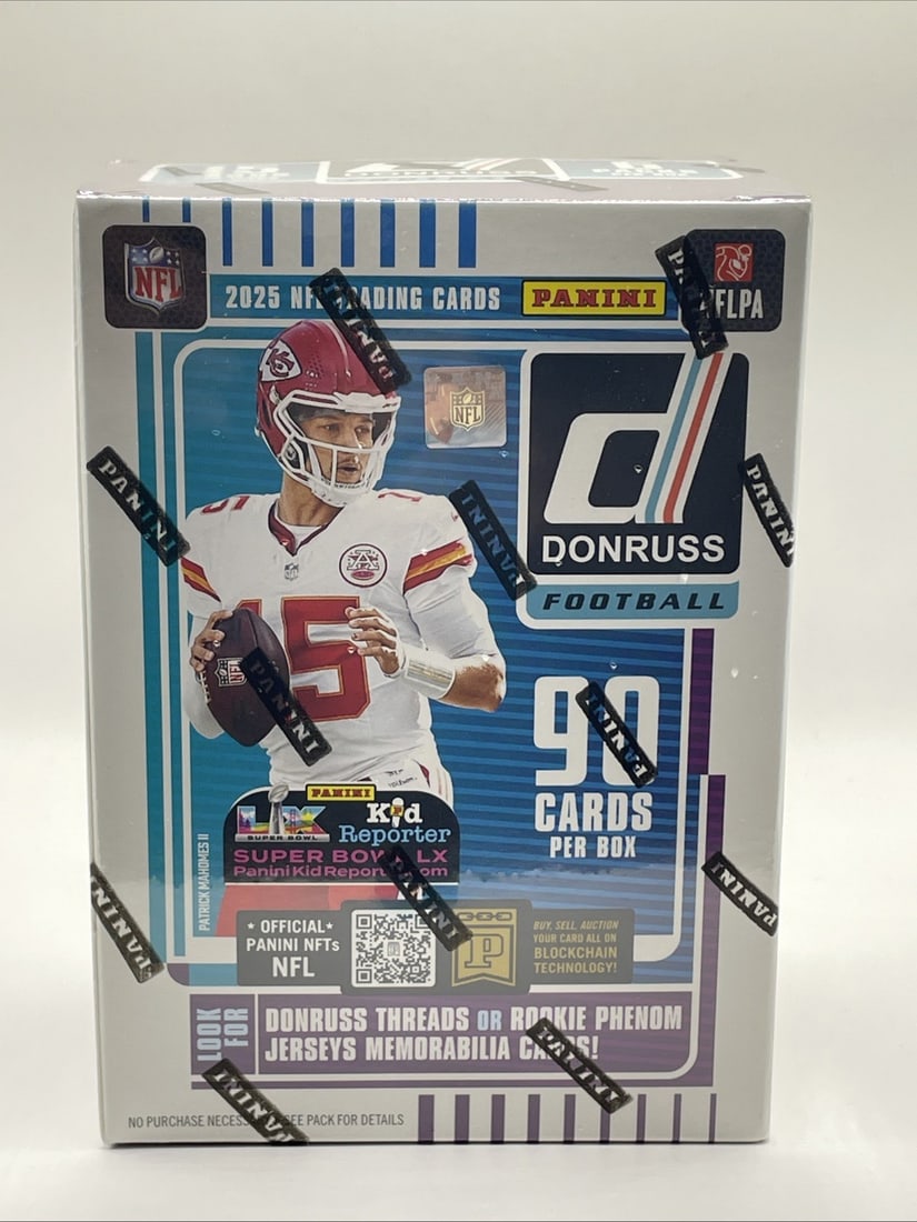 2025 Panini Donruss Football Trading Cards Blaster Box: The 2025 Panini Donruss Football Blaster Box contains 90 standard-sized trading cards featuring players from the National Football League (NFL). This exclusive set includes rookie cards of talented at