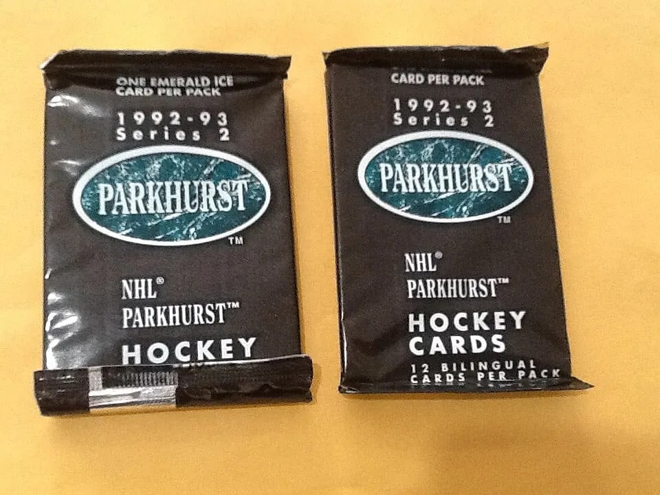2x 1992-1993 Parkhurst Series 2 NHL Hockey Cards 2 FACTORY SEALED Packs: 1992-93 Parkhurst Hockey Series 2. Each pack contains 12 cards featuring players from the National Hockey League (NHL). The set includes cards of various players and athletes, making it a valuable