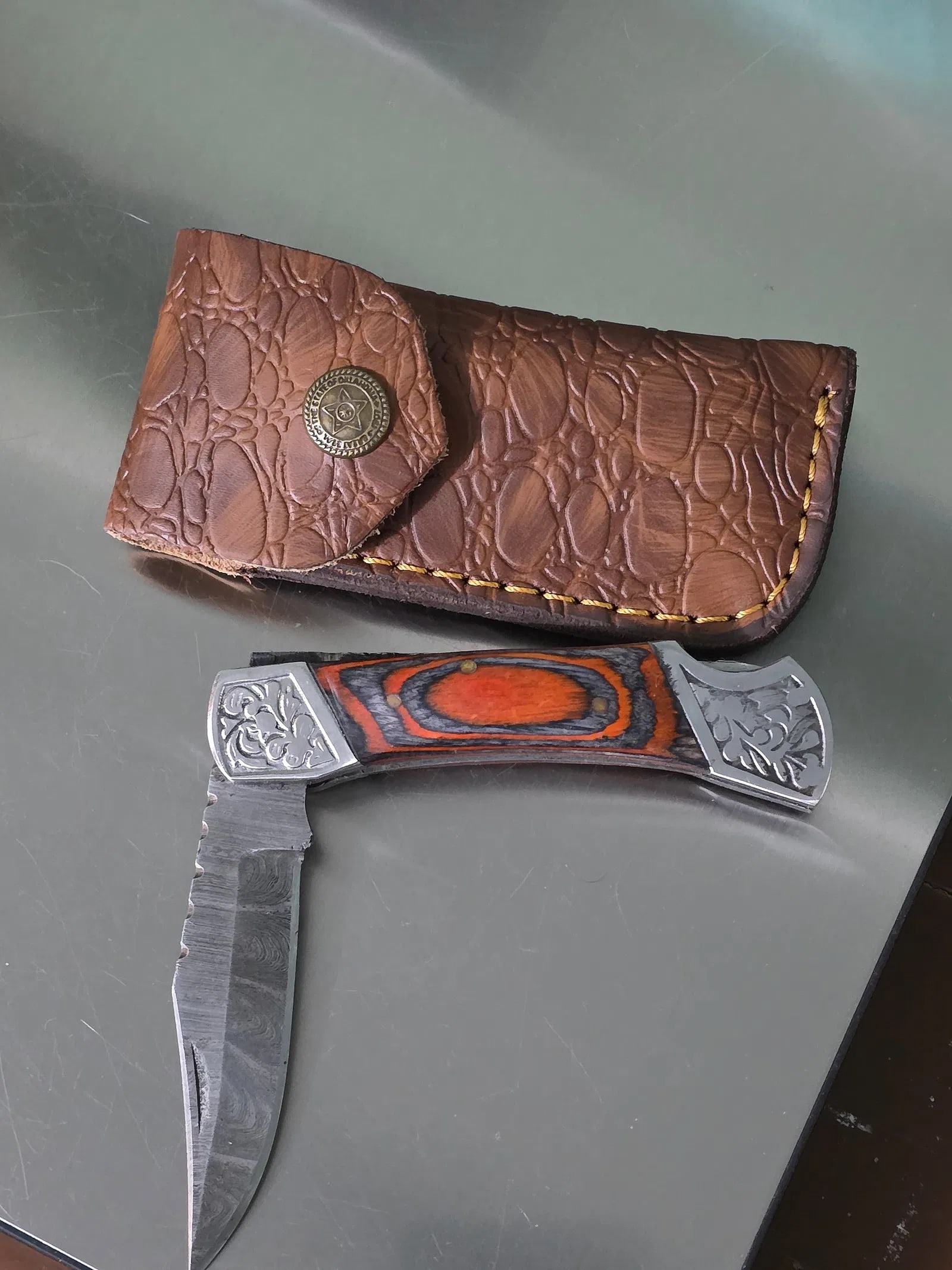 Custom Folding Damascus Knife With Sheath (1 of 1)