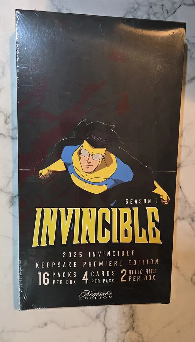 2025 Keepsake Invincible Season 1 Premiere Edition Hobby Box: The NEW 2025 Keepsake Invincible Premiere Edition Season 1 Hobby Box is a highly sought-after collectible item featuring standard-sized non-sport trading cards from the popular TV show "Invincible." M