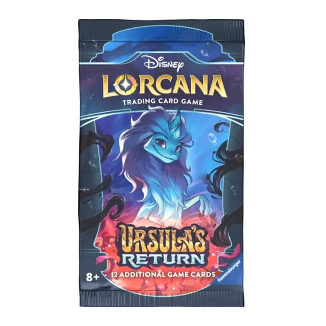 Disney Lorcana Ursula’s Return Booster Pack: The Disney Lorcana Trading Cards Booster Pack features 12 sealed game cards from the set "Ursula's Return" of the Disney Lorcana TCG. Manufactured by Disney, this pack includes cards in English
