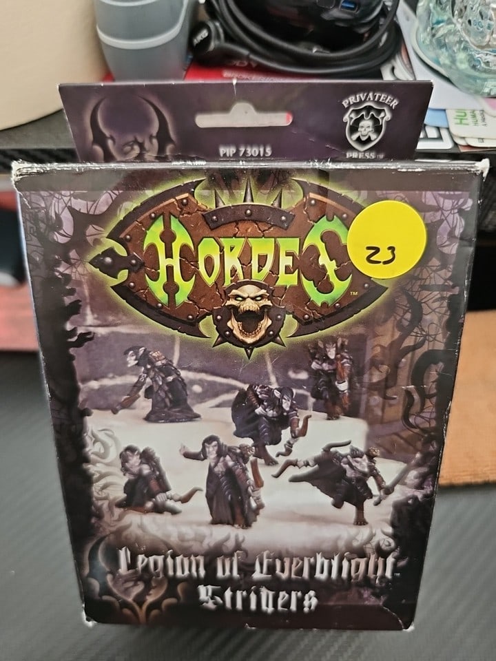WARMACHINE HORDES Legion Everbright Striders Unit PIP 73015: The NIB WARMACHINE HORDES Legion Everbright Striders Unit PIP 73015 is a miniature game product produced by Privateer Press in 2006. This unit belongs to the Trollblood faction and is designed to be