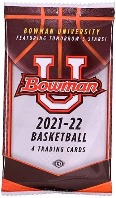 2021/22 Bowman University Basketball Hobby Pack: 2021-22 Bowman University Basketball Hobby Pack contains 4 cards and is part of a 100-card base set tracking top collegiate prospects and future draft stars. Low Estimate: 8.00 High Estimate: 12.00