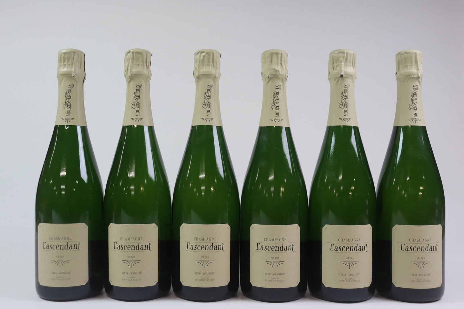 Champagne 'L'ascendant' Solera Grand Cru Extra-Brut NV: Champagne 'L'ascendant' Solera Grand Cru Extra-Brut NV Mouzon-Leroux, Verzy Excellent level and appearance; dégorgement 10/2021 S 12 bottles Per lot €300 - 400SizebottlesConditionExcellent