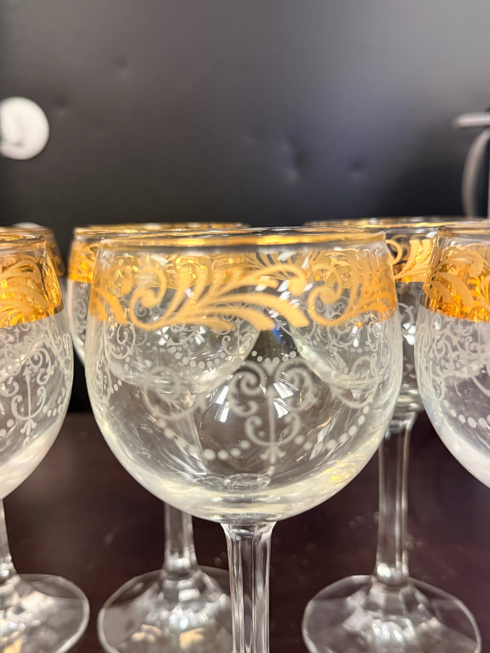 Set of 8 Wine Glasses with Gold Design - Complete Formal Barware: This stunning complete set of eight gold-decorated wine glasses is formal entertaining at its finest - the kind of matched barware set that graces the tables of collectors, estate sale hunters, and in
