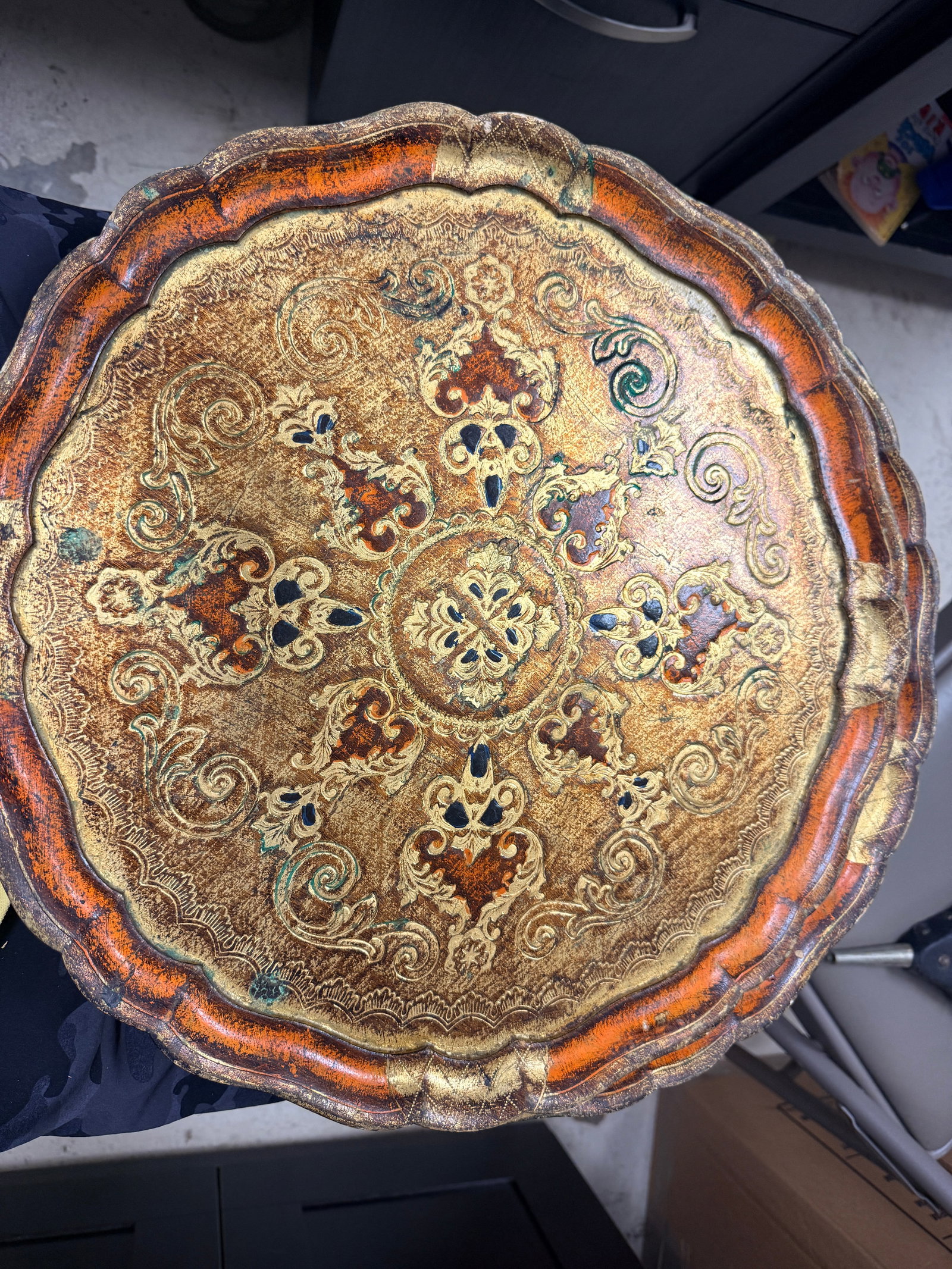 17" Large Vintage Italian Florentine Gold Gilt Wood Tray: This magnificent 17-inch Italian Florentine wood tray is a masterwork of the gold gilt and lacquer decoration tradition that Florence perfected over centuries and exported to the world's finest homes 