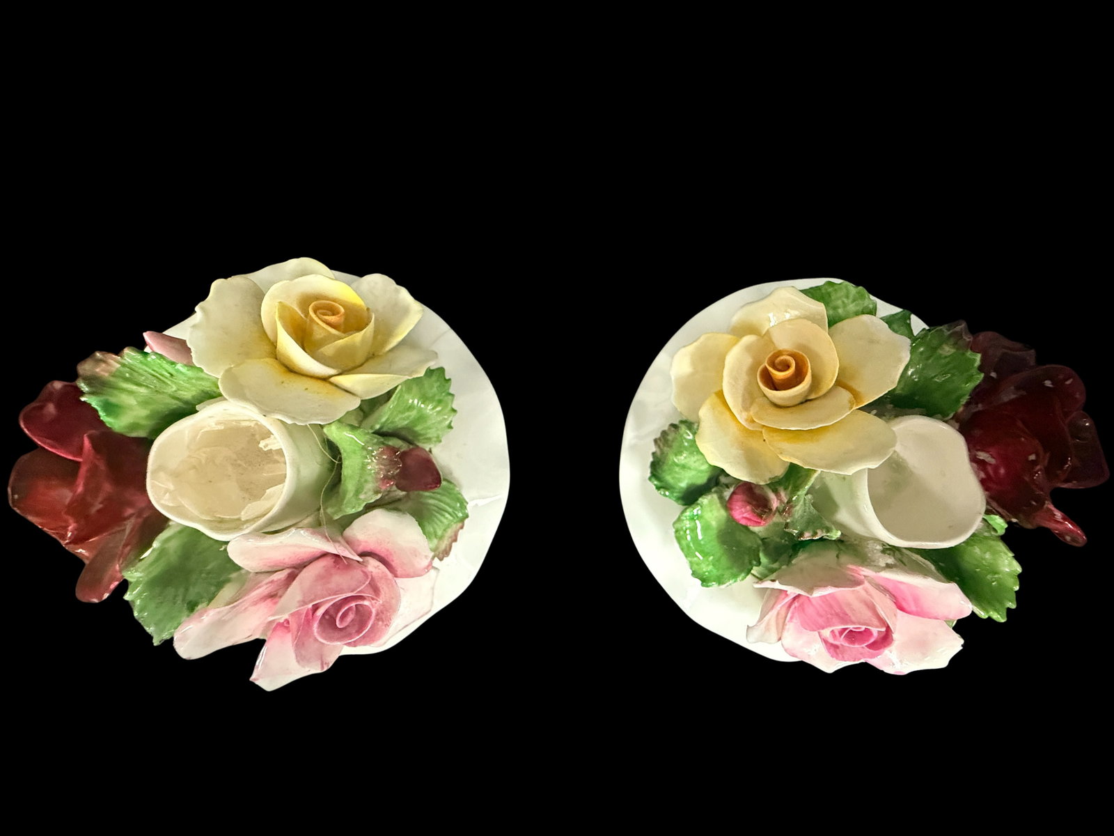 vintage Aynsley fine bone china floral candle holders from England, featuring hand-molded red, yello: A pair of Aynsley fine bone china pieces from one of England's most respected porcelain manufacturers. Aynsley china is sought after by collectors for its quality craftsmanship and elegant design.