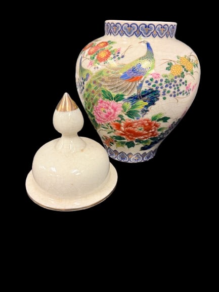 12-Inch Tall Japanese Satsuma-Style Porcelain Ginger Jar: A 12-inch tall Japanese Satsuma-style porcelain ginger jar with traditional decorative motifs, weighing 3 pounds. Satsuma-style ginger jars are enduring decorative staples with strong appeal in Asian 
