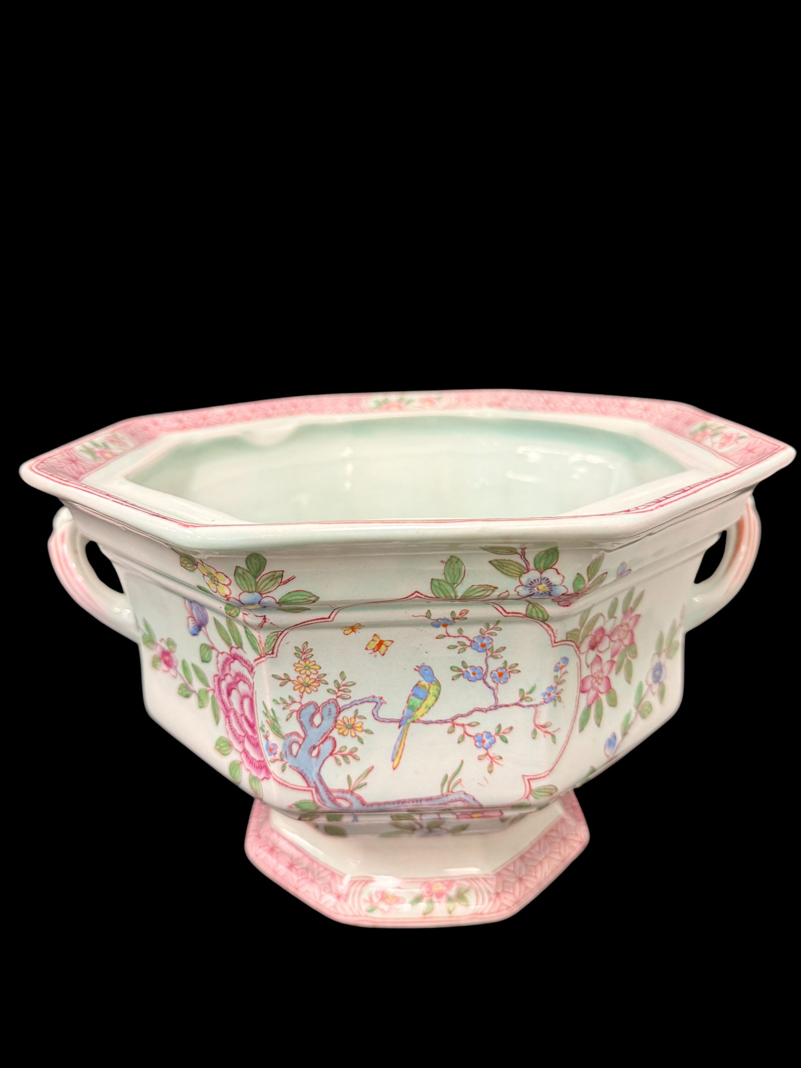 Antique Singapore Bird Soup Octagonal - No Lid - 3.5-Inch Tall: A rare and highly collectible octagonal serving piece from the celebrated "Singapore Bird" collection by William Adams & Sons (later part of the Wedgwood Group). This piece is crafted from Calyx Ware,