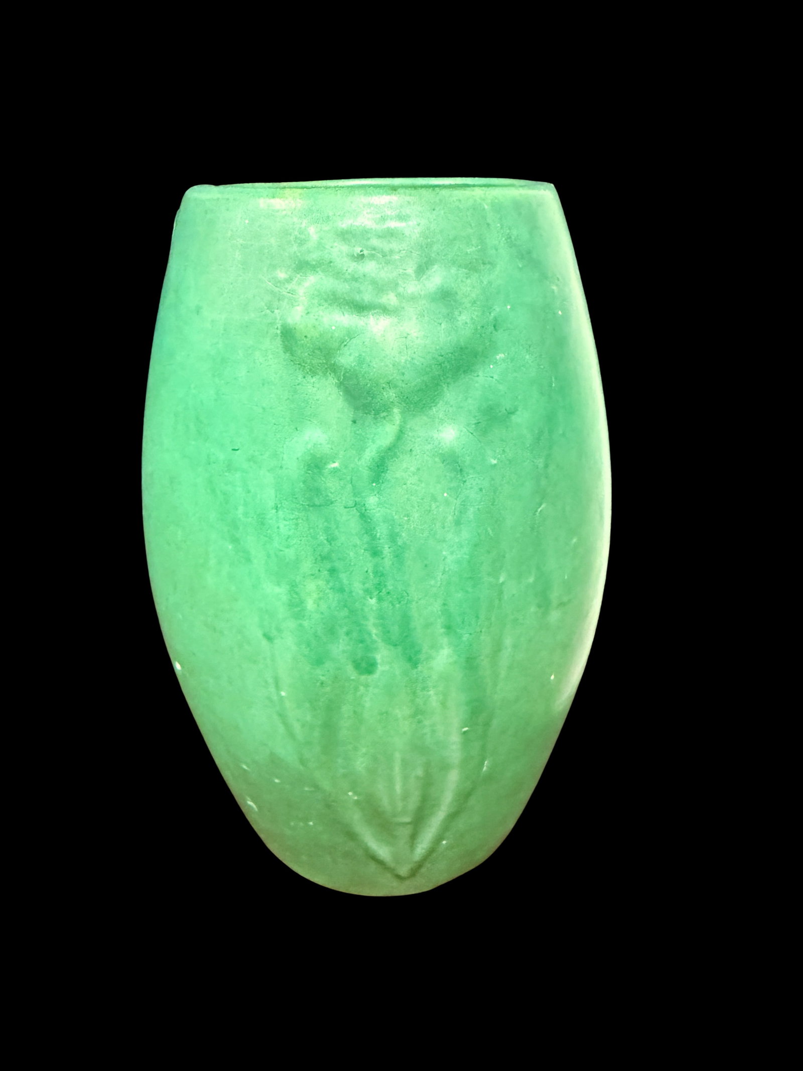 Green Arts and Craft Pottery Vase 4.5-Inch Tall: A green Arts and Crafts movement pottery vase standing 4.5 inches tall and weighing 3 pounds. Arts and Crafts pottery is one of the most actively collected American ceramic categories.