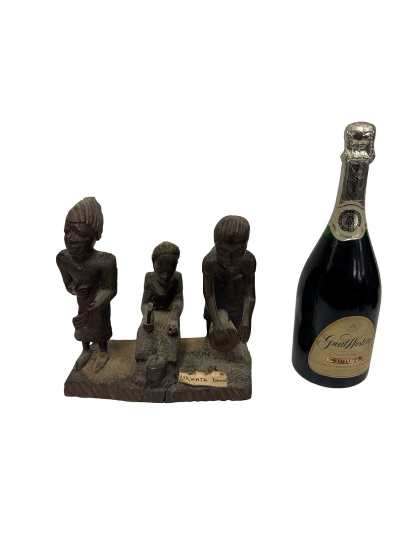 Vintage hand-carved African wooden sculpture depicting a "Likwata Dance" scene on a wooden base (1 of 5)