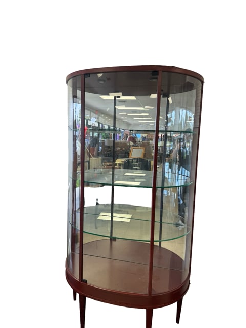 Antique mahogany curved display cabinet with glass shelves and mirrored backing (1 of 4)