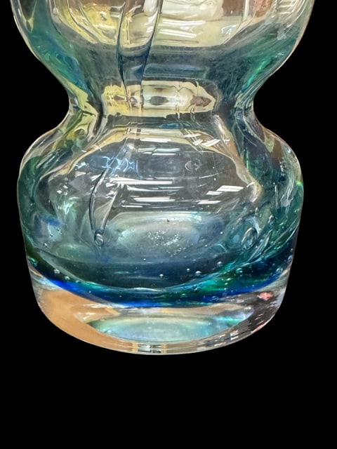 Czechoslovakian Chribska Possibly glassworks post-modern vase from the 1960s with a distinct blue: Post-modern Czechoslovakian art glass vase, stemming from the iconic 1960s mid-century era, is highly characteristic of the celebrated Chribska or Å½eleznÃ½ Brod glassworks. Standing 9