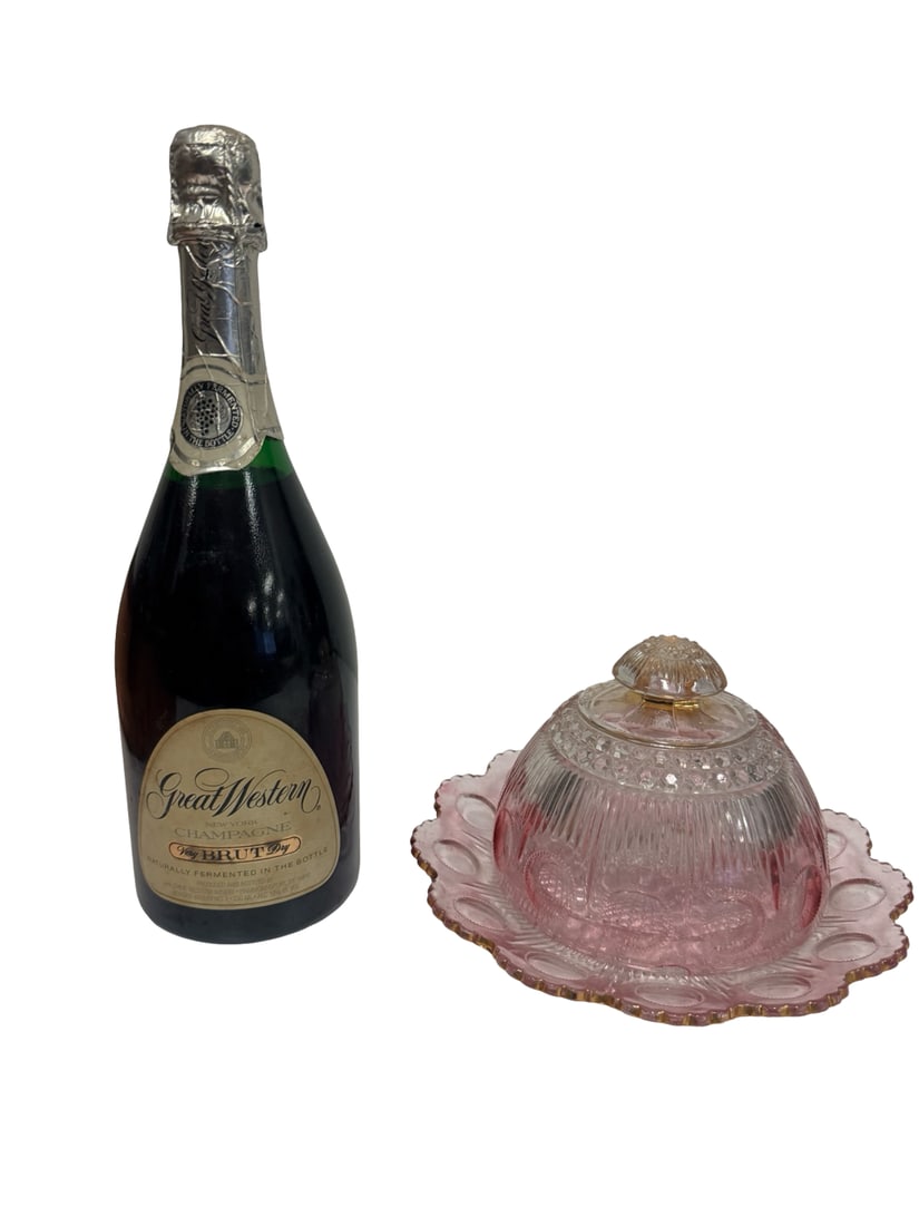Vintage Pink Pressed Glass Covered Dish: This two-piece pressed glass set includes a scalloped underplate and a matching domed lid with a finial handle. The design features a decorative pattern with circular thumbprints, diamond cuts, and