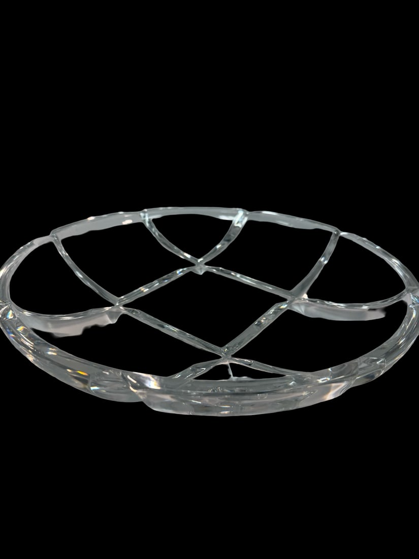 Modern Geometric Beveled Glass Bowl: This elegant clear glass bowl features a bold geometric lattice design with deep beveled cuts. The low-profile circular form creates a sophisticated silhouette suitable for functional or decorative