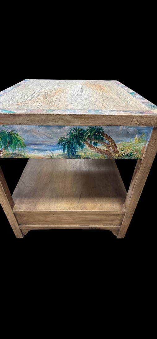 Hand-Painted Tropical Coastal End Table: This unique wooden end table features a hand-painted tropical motif including palm trees on the drawer front and stylized fish on the top surface. The piece is finished in a weathered, lime-washed