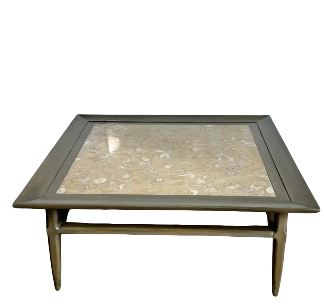 Tomlinson Marble Mid Century Coffe Table: Tomlinson Marble and Pecan Mid Century Coffee Table features a square metal frame with a patinated bronze-tone finish. The inset top showcases a natural fossil stone panel protected by a square glass
