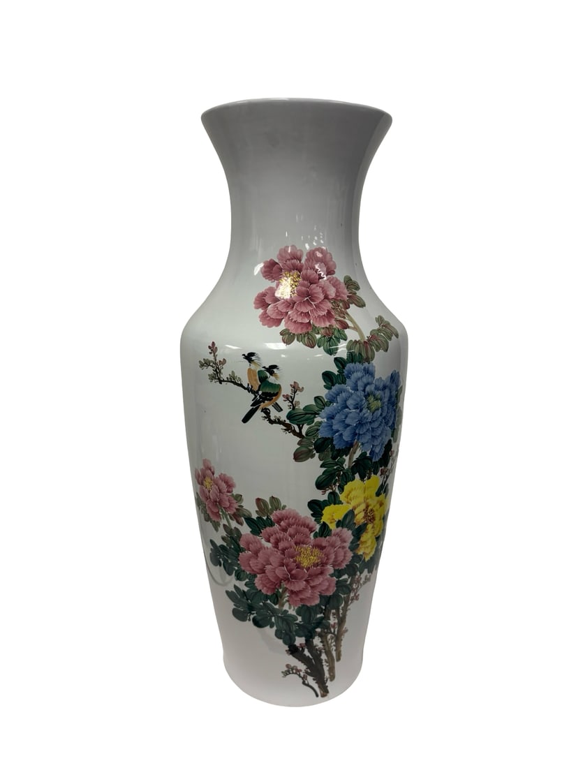 Large Chinese Style Peony & Bird Vase: This large floor vase features a vibrant polychrome design of birds perched among blossoming peonies in shades of pink, blue, and yellow. The reverse side is decorated with extensive black calligraphi
