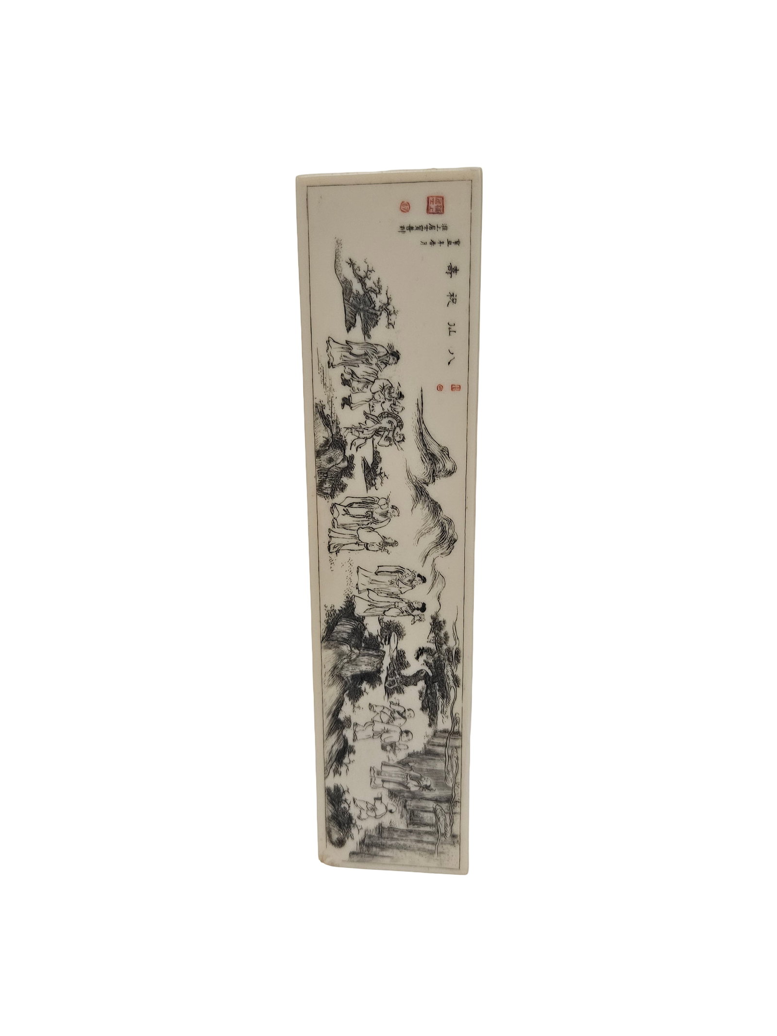 Chinese Style Engraved Resin Plaque: This rectangular resin or faux-ivory plaque features a finely engraved scene of figures in a landscape with calligraphy on the reverse. The craftsmanship displays delicate line work depicting