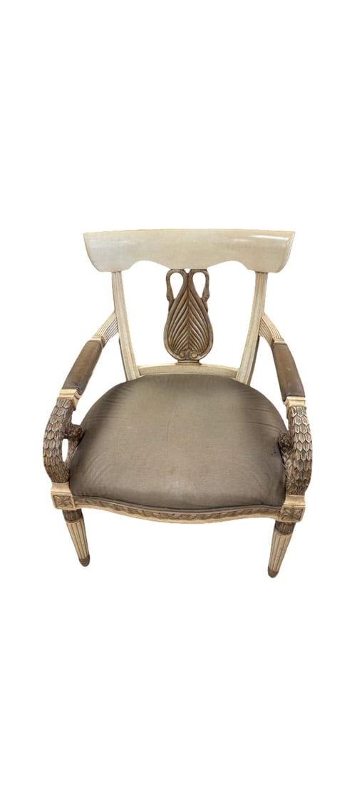 Ferguson Copeland Carved Swan Motif Armc: This elegant armchair by Ferguson Copeland, Ltd. features a sophisticated cream-colored frame with intricate carved swan and scale motifs. The seat and armrests are upholstered in a shimmering neutral