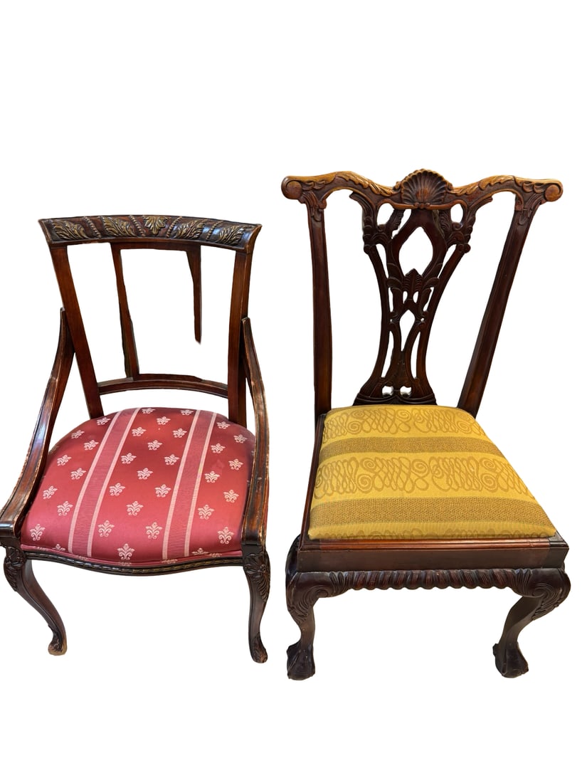 Pair of Mixed Style Mahogany Finish Chai: This lot includes two distinct mahogany-finished dining chairs featuring neoclassical and Rococo influences. The armchair showcases a shield back with an urn-motif splat and red floral patterned uphol