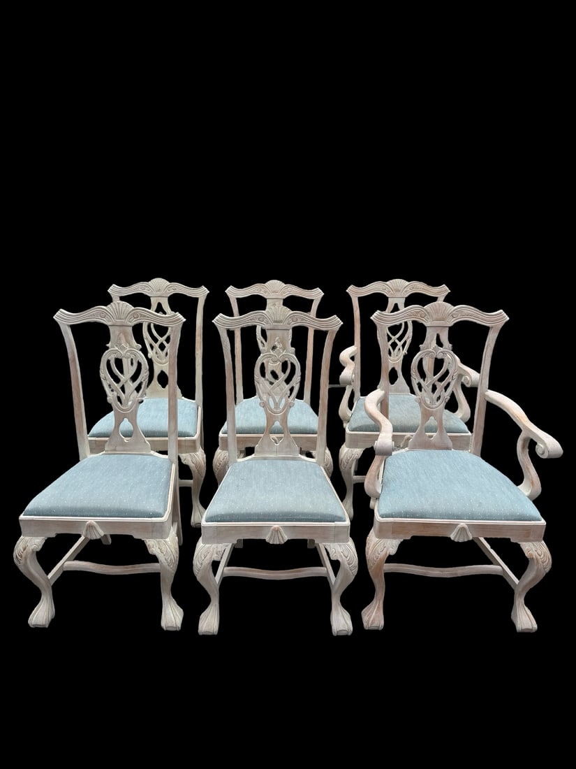 Chippendale Style Whitewashed Chairs (6): A set of six Chippendale style dining chairs featuring a weathered white-washed finish and light blue patterned upholstered seats. The set includes two armchairs and four side chairs, each boasting or
