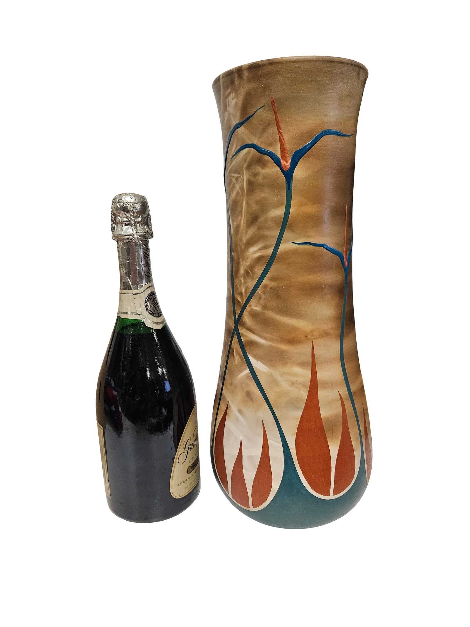 Large Signed Studio Pottery Vase, 1997: A large contemporary art pottery vase featuring a mottled tan and blue ground with abstract botanical motifs. The exterior is decorated with stylized blue stems and orange leaf forms in a modern