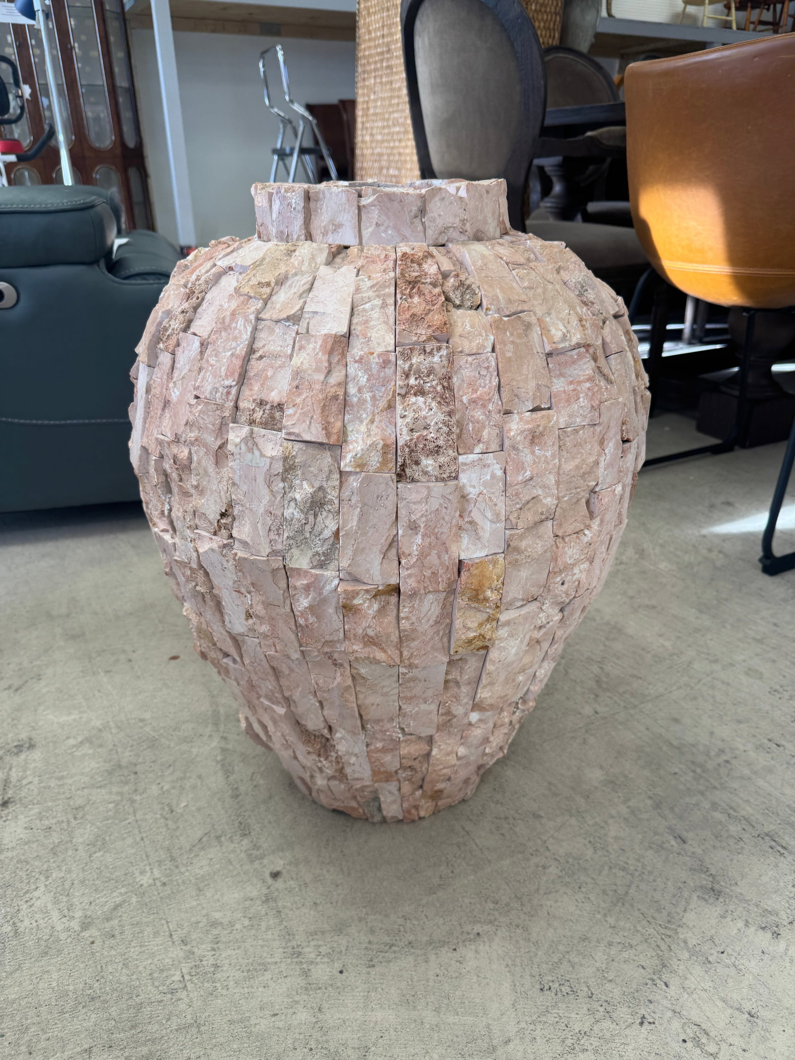 Large Rustic Mosaic Natural Stone Floor: Large decorative floor vase constructed from small rectangular blocks of natural pink and tan stone. The vessel features a tapered ovoid form with a wide, open mouth and a rustic, textured finish. Its