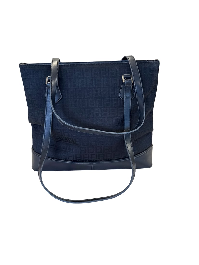 Vintage Fendi Zucchino canvas tote bag: This black tote bag features an all-over geometric monogram jacquard fabric with smooth synthetic trim and double shoulder straps. The interior is divided into multiple compartments with zippered