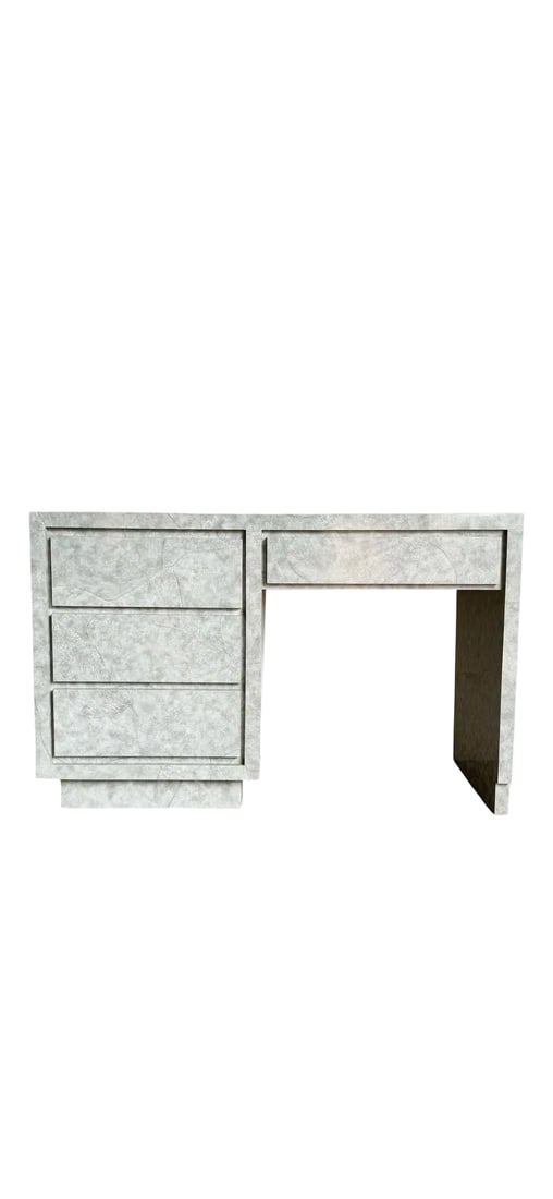 Post-Modern Textured Parchment Style Des: This Post-Modern style desk features a distinctive gray parchment or faux stone textured finish with four integrated drawers. The rectangular silhouette includes a three-drawer pedestal on the left an