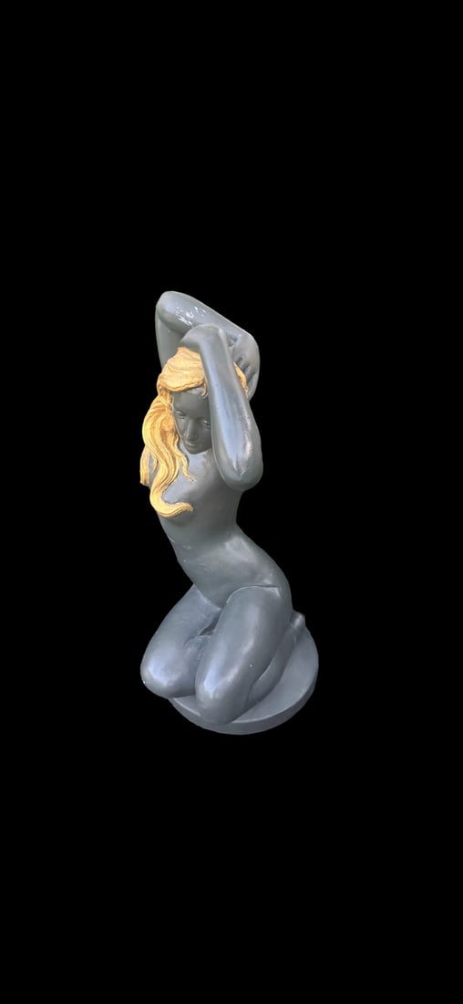 Vintage Style Kneeling Nude Statue: Vintage Solid concrete Sculpture - Excellent Condition - Over 125 pounds - 36” T x 20” WThis garden statue depicts a kneeling nude female figure in an Art Nouveau style with a contemplativ
